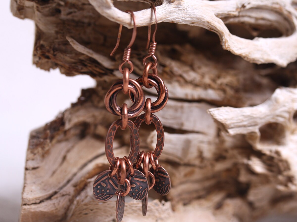 Rustic Antiqued Copper Love Knot With Hammered And Patterned Dangle Earrings