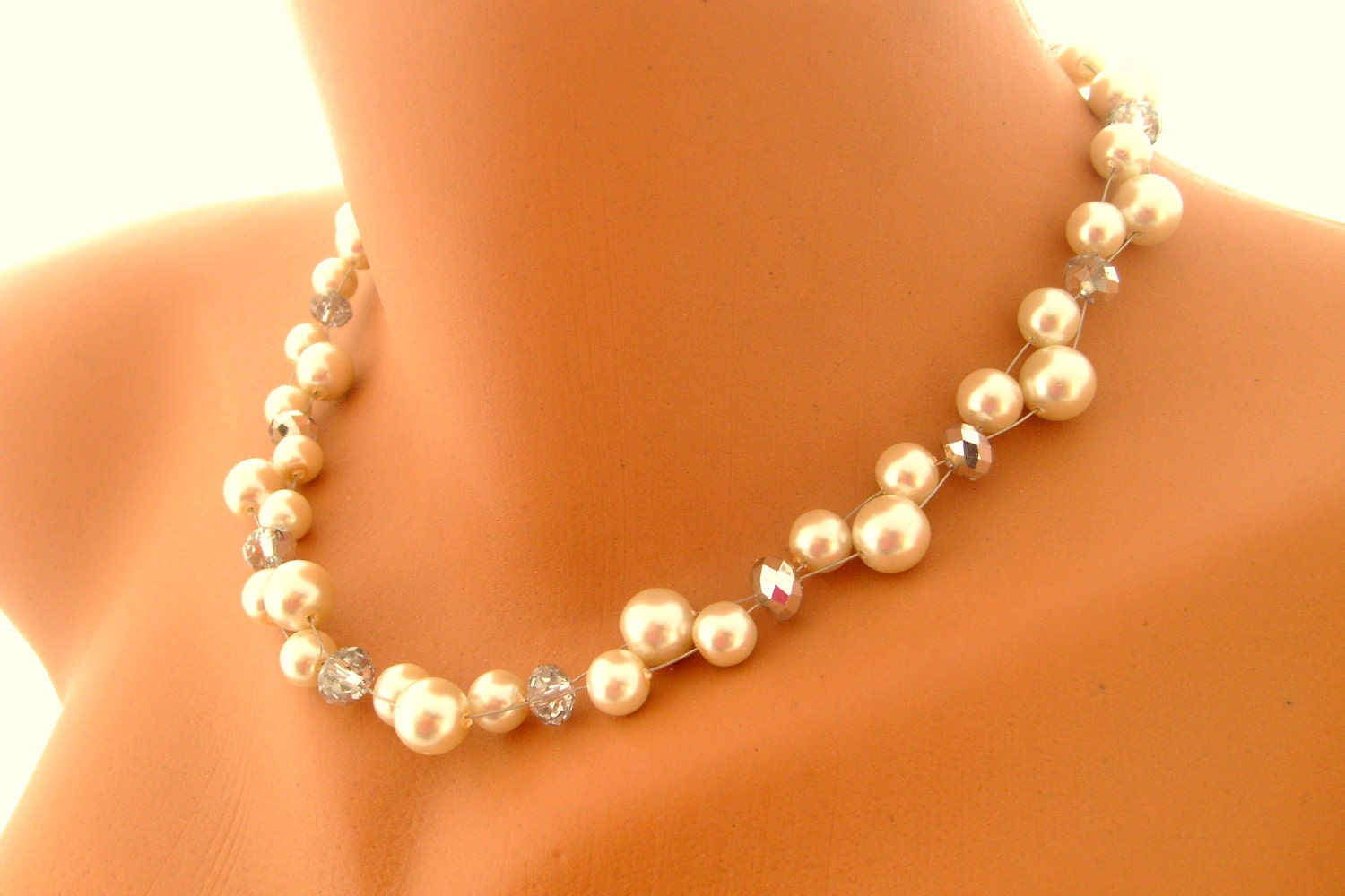 wedding necklace ivory pearl double strand bridal necklace decorated clear crystals wedding jewelry bridal jewelry bridesmaid gifts