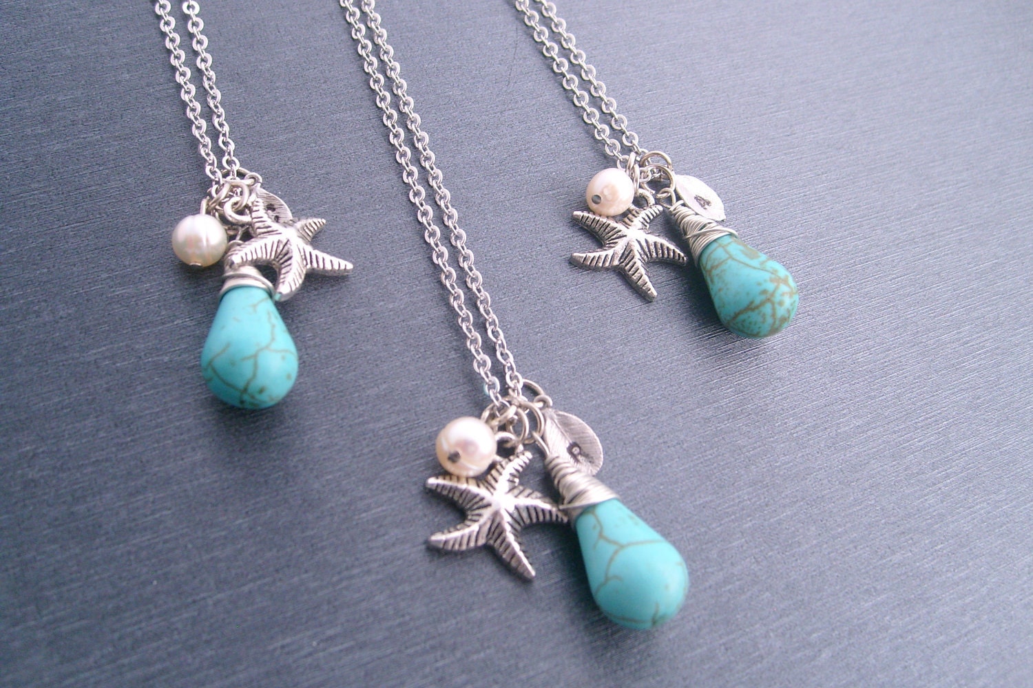 5 set of beach wedding bridesmaids gift necklaces inital hand stamped turqoise teardrop with freshwater pearls silver leaf starfish