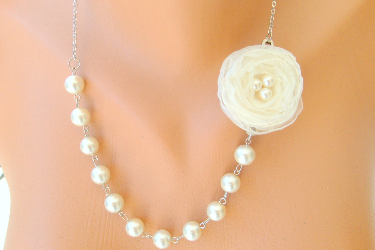 wedding jewelry pearl and cream white organza rose wedding necklace bridal necklace bridesmaid gifts bridesmaid necklace