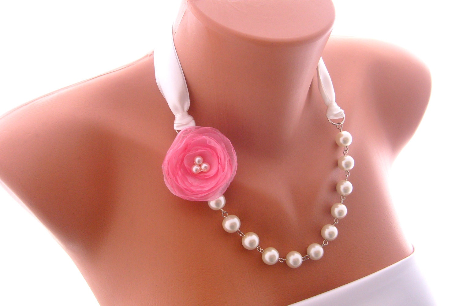 Pink organza hand made rose flower wedding necklace wedding jewelry bridal jewelry bridesmaids gift