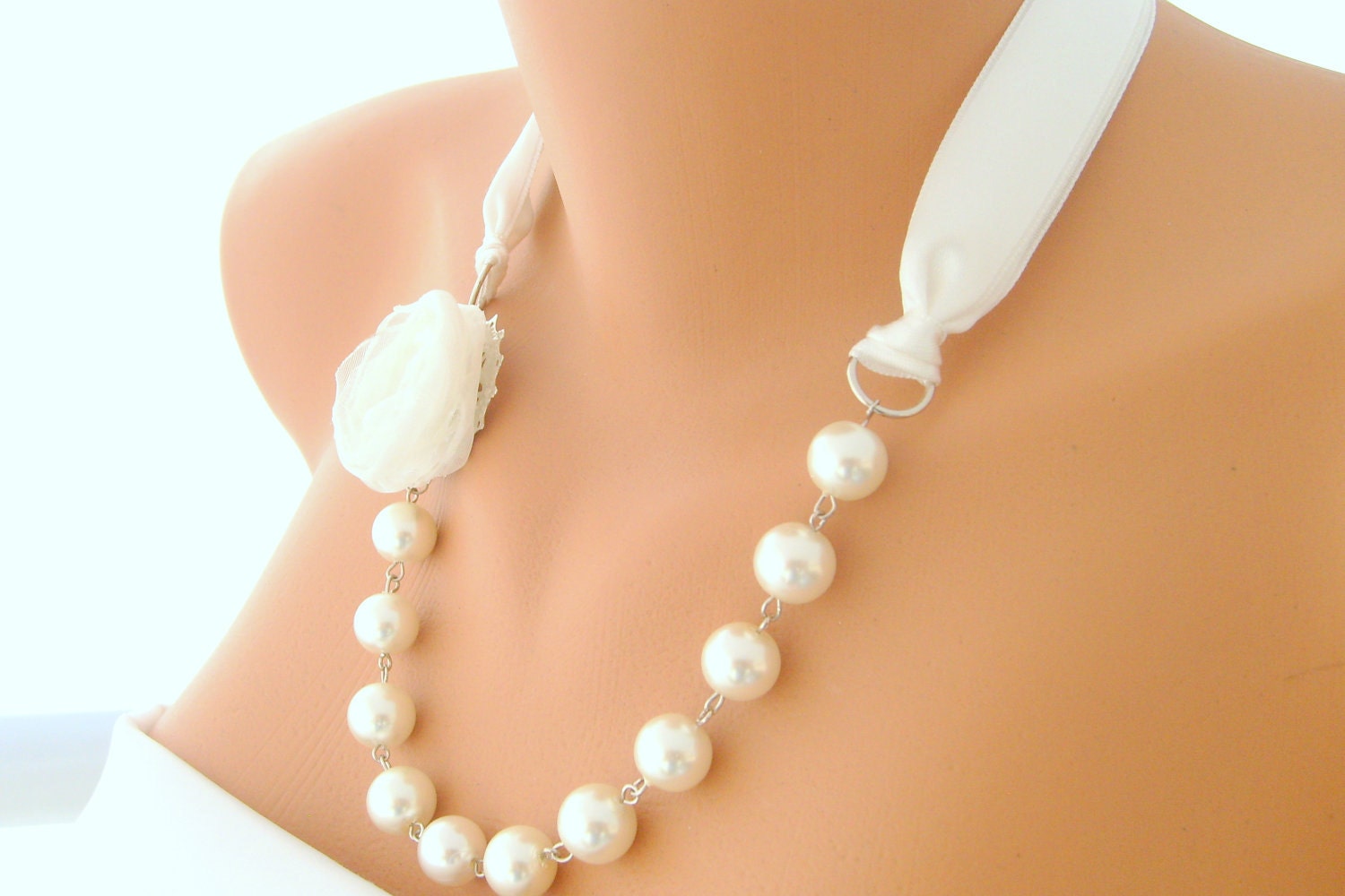 Bridal necklace vory organza rose and ivory pearl handmade wedding necklace wedding jewelry bridesmaid gifts