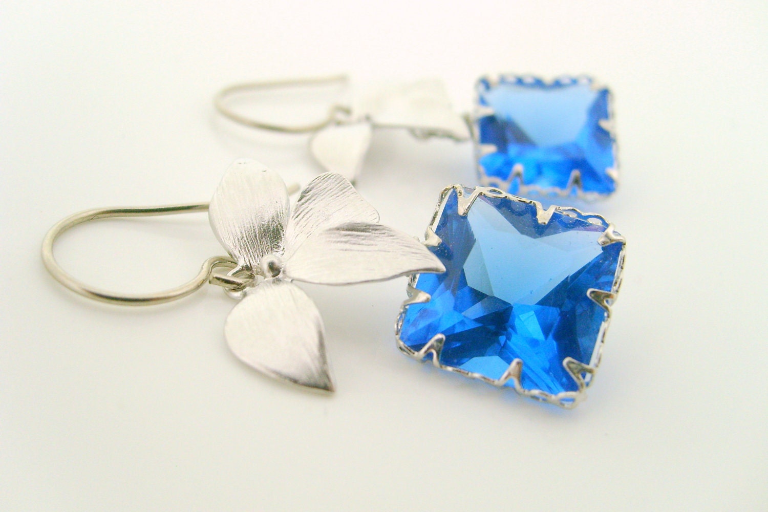 ocean blue crystal earrings square framed bezel wire designed wild orchid floret wedding jewelry bridesmaid gifts valentines day gifts