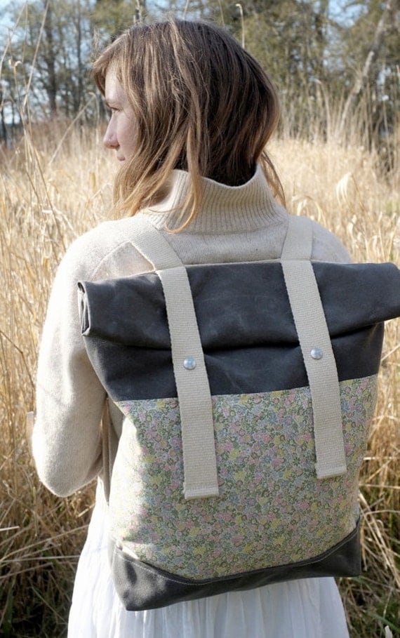 Wax Canvas Backpack - Floral Print - Organic Fabrics - Spring Colors