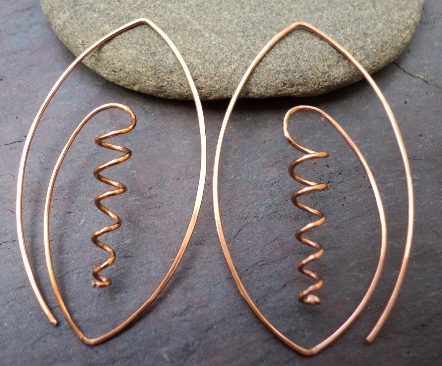 Copper abstract corkscrew shape hammered earrings. Medium sized women's one-piece earrings. (Sterling silver also available.)