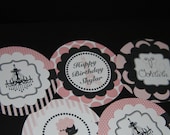 Poodle in Paris Cupcake topper set DIY, cake toppers, thank you tags, personalized, chandelier, eiffel tower pink, black, polkadot, stripe