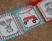 Red Wagon banner, DIY ONLY, Birthday, vintage wagon birthday banner, personalized