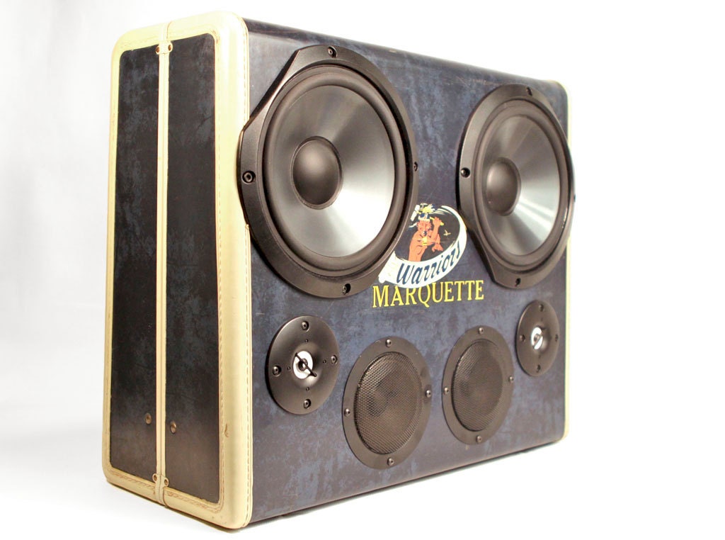 Rare Big Blue Vintage Blue Marble Samsonite Suitcase Stereo Marquette Warrior (now Golden Eagle) Music Machine with Bluetooth