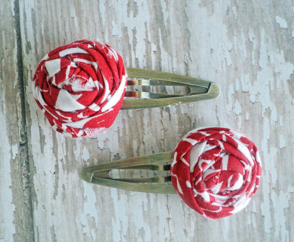Simply Sweet Red and White Fabric Rosette Barrettes
