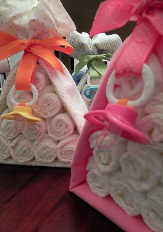 Diaper Cake Stork Bundle - Unique Baby Shower Gift, Centerpiece, Favor receiving blanket pacifier girl boy neutral