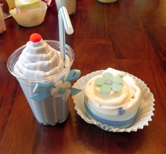 Receiving Blanket Milkshake and Diaper & Onesie Cupcake Combo - baby blanket cute unique baby shower gift girl boy neutral