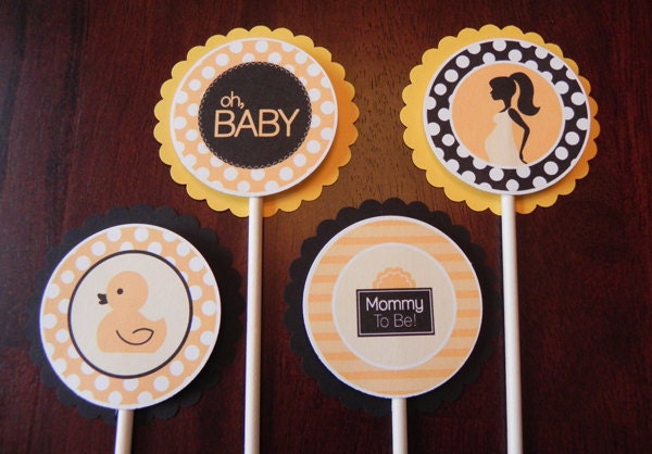 Cupcake Toppers: Modern Mother-to-Be Yellow & Black Baby Shower Decorations