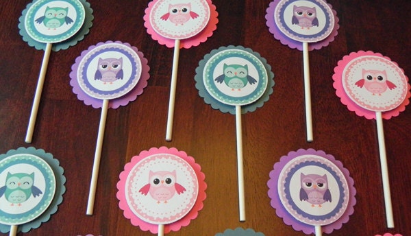 Cupcake Toppers: Girl Owls in Pink, Purple & Teal - Baby Shower Decorations