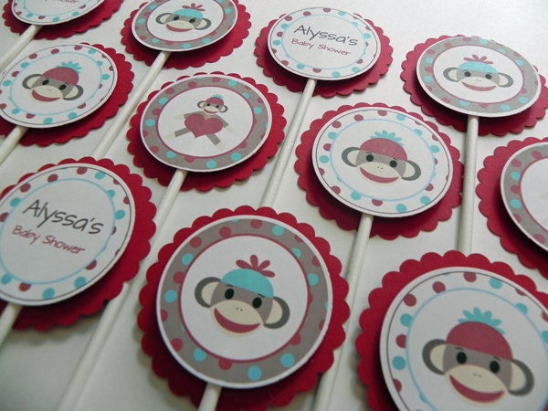 Cupcake Toppers: Red & Blue Sock Monkey - Baby Shower Decorations