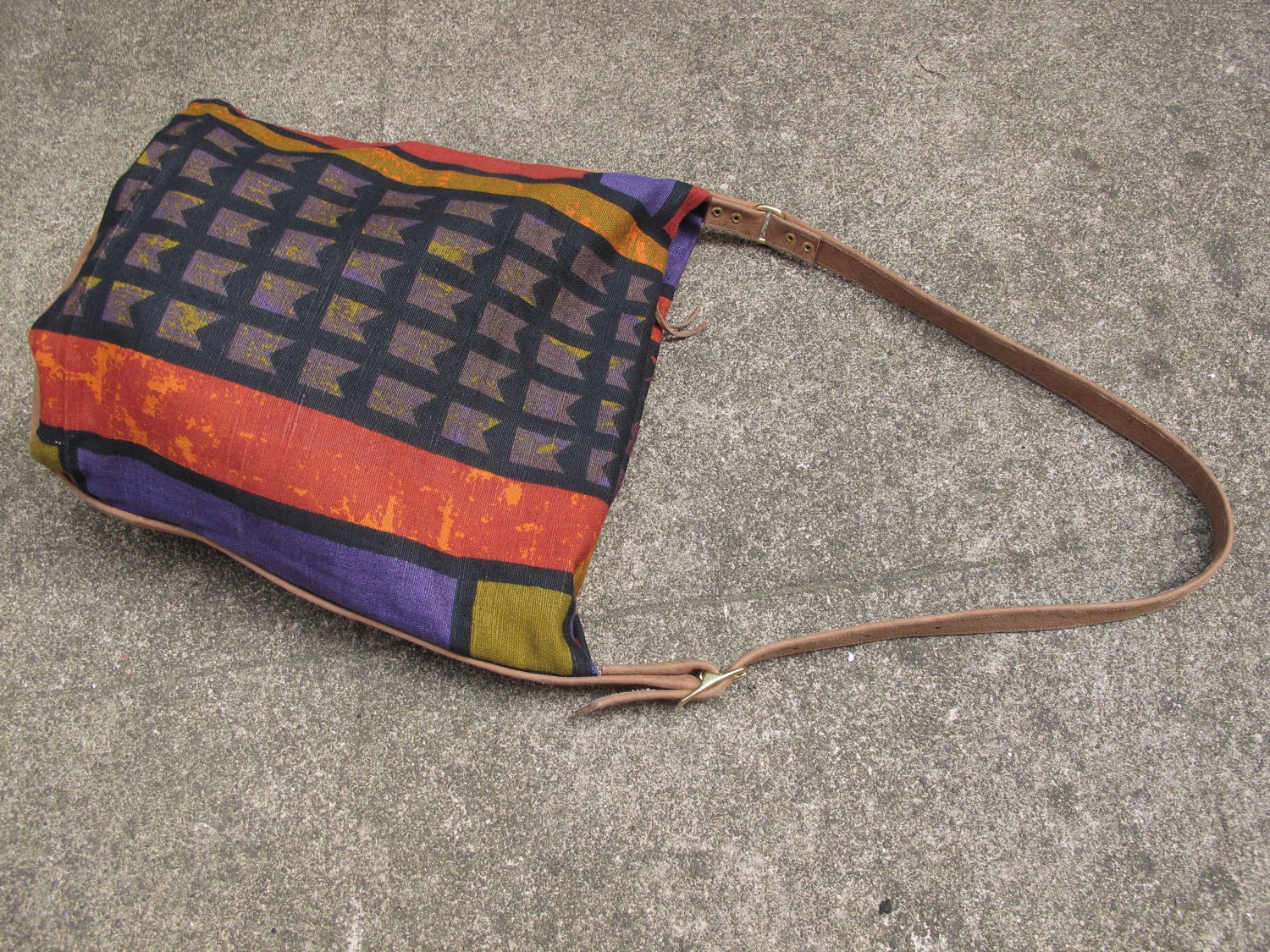 Brown Leather & Vintage Curtain Bucket Bag