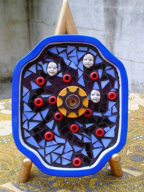 SALE: Mixed Media Stained Glass Mosaic Art Steampunk Evil Babies with Detachable Pin Vintage Repurposed Button Jewelry