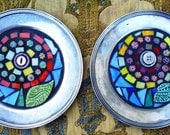 20% OFF PAIR:  Silver Mosaic Flowers Mixed Media Stained Glass Vintage Button