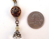 Vintage Button Mixed Metal Watch Case Pendant Necklace: Red and Black Cloisonne with Bead Dangle Vintage Button Jewelry