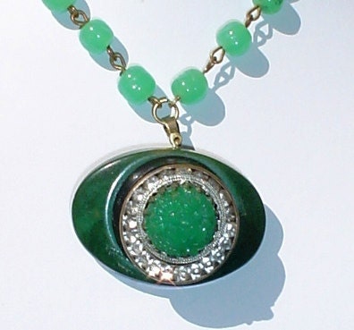 Vintage Green Floral and Rhinestone Button and Beaded Rosary Antique Bronze Necklace Jewelry