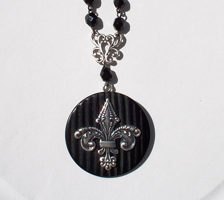 Vintage Rosary and Button Necklace Jewelry:  Black and Silver Fleur de Lis