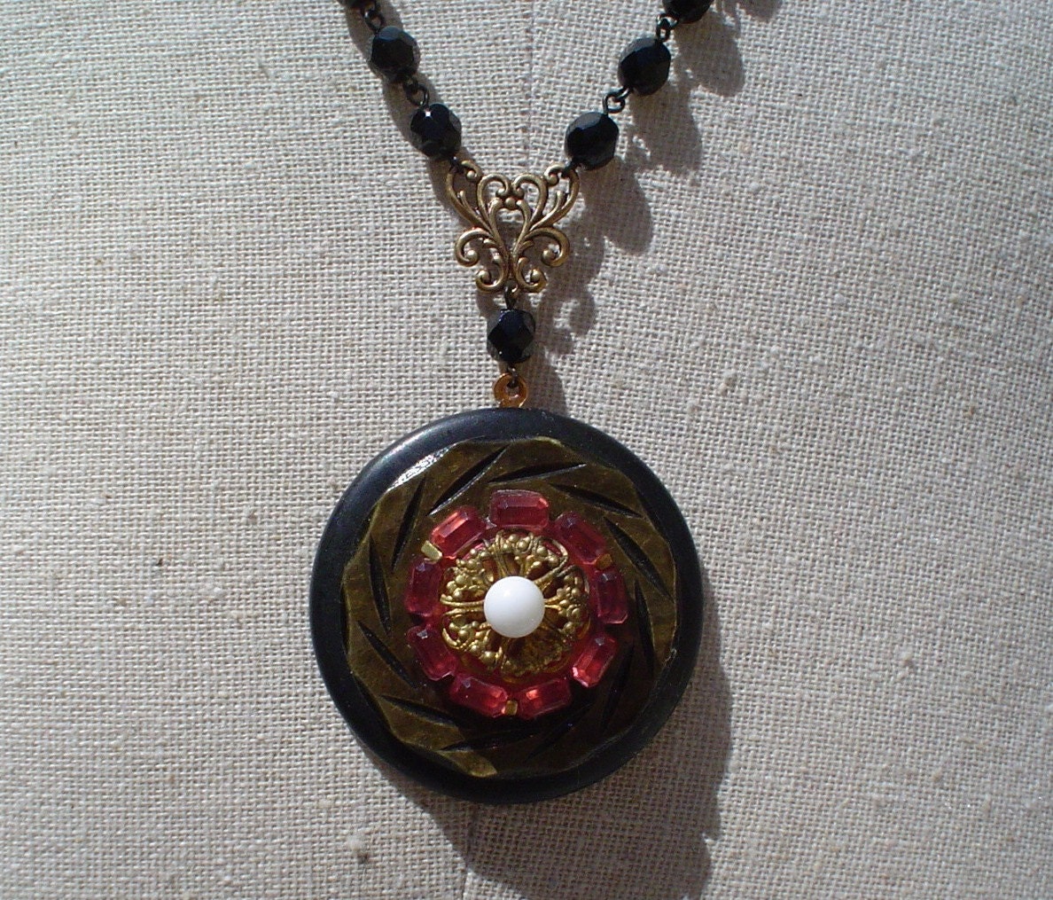 Vintage Rosary and Button Necklace Jewelry:  Brown and Pink Flower