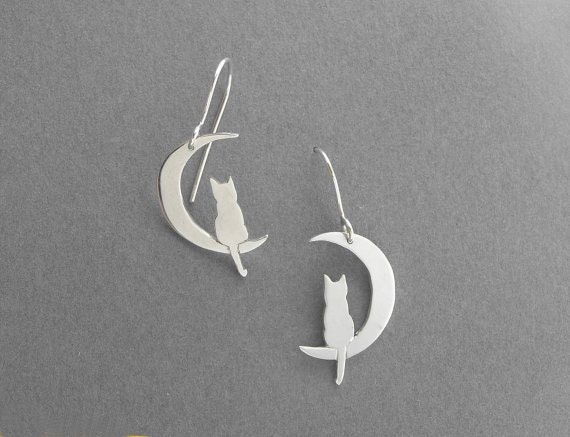 Silver Earrings - Cat on Crescent Moon Dangling Earrings - Hand Cut - DaliaShamirJewelry
