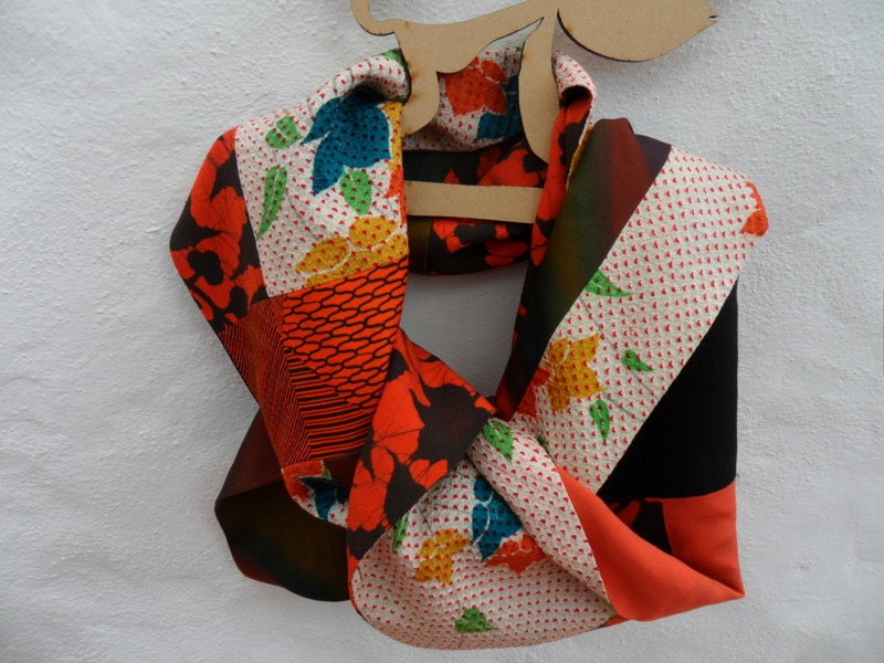 Handmade Kimono Silk Long Scarf, shades of  orange, black. Perfect accessory