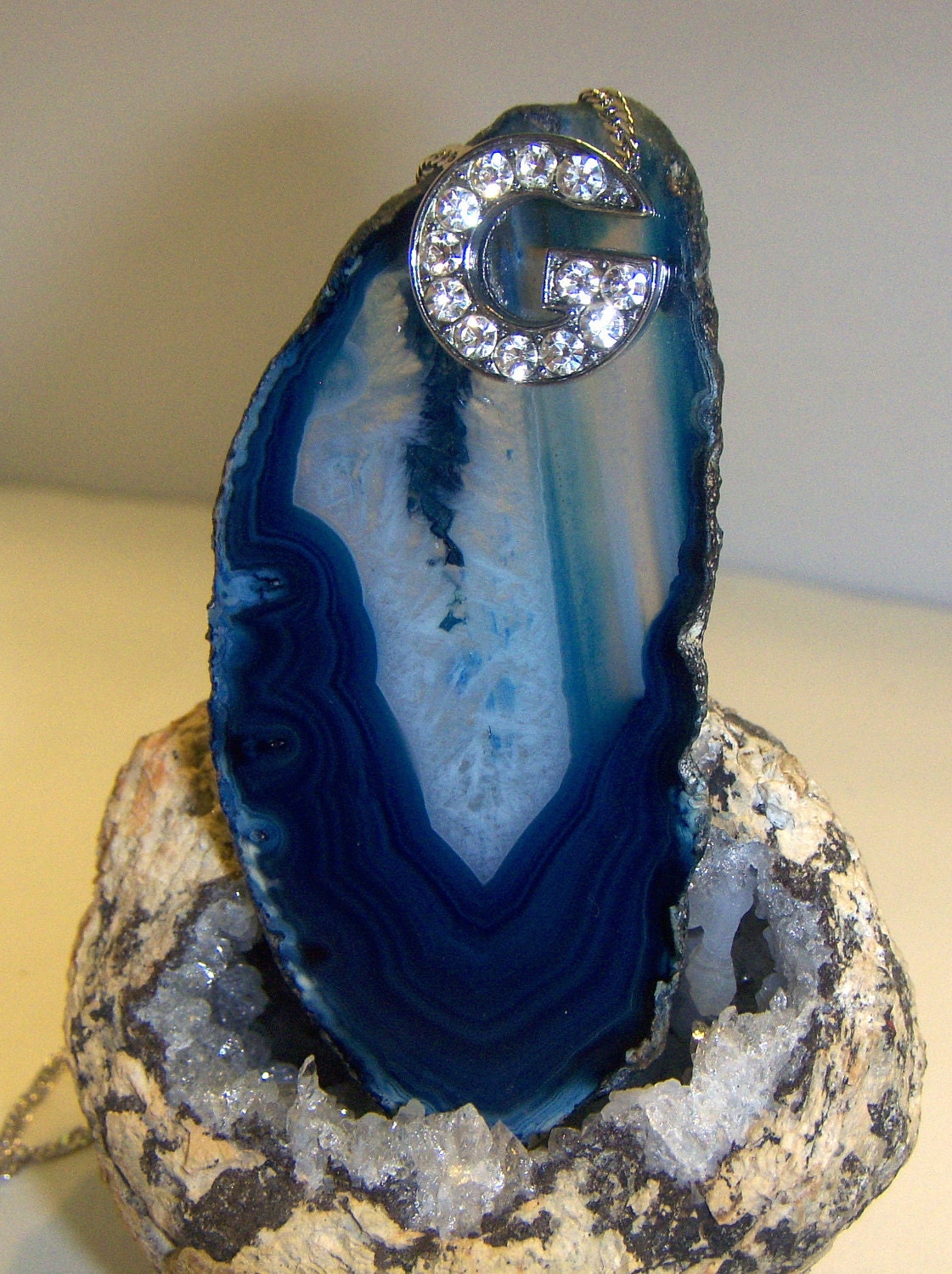Blue agate Jewelry pendant w letter G - wearable art - Colors Of the sky