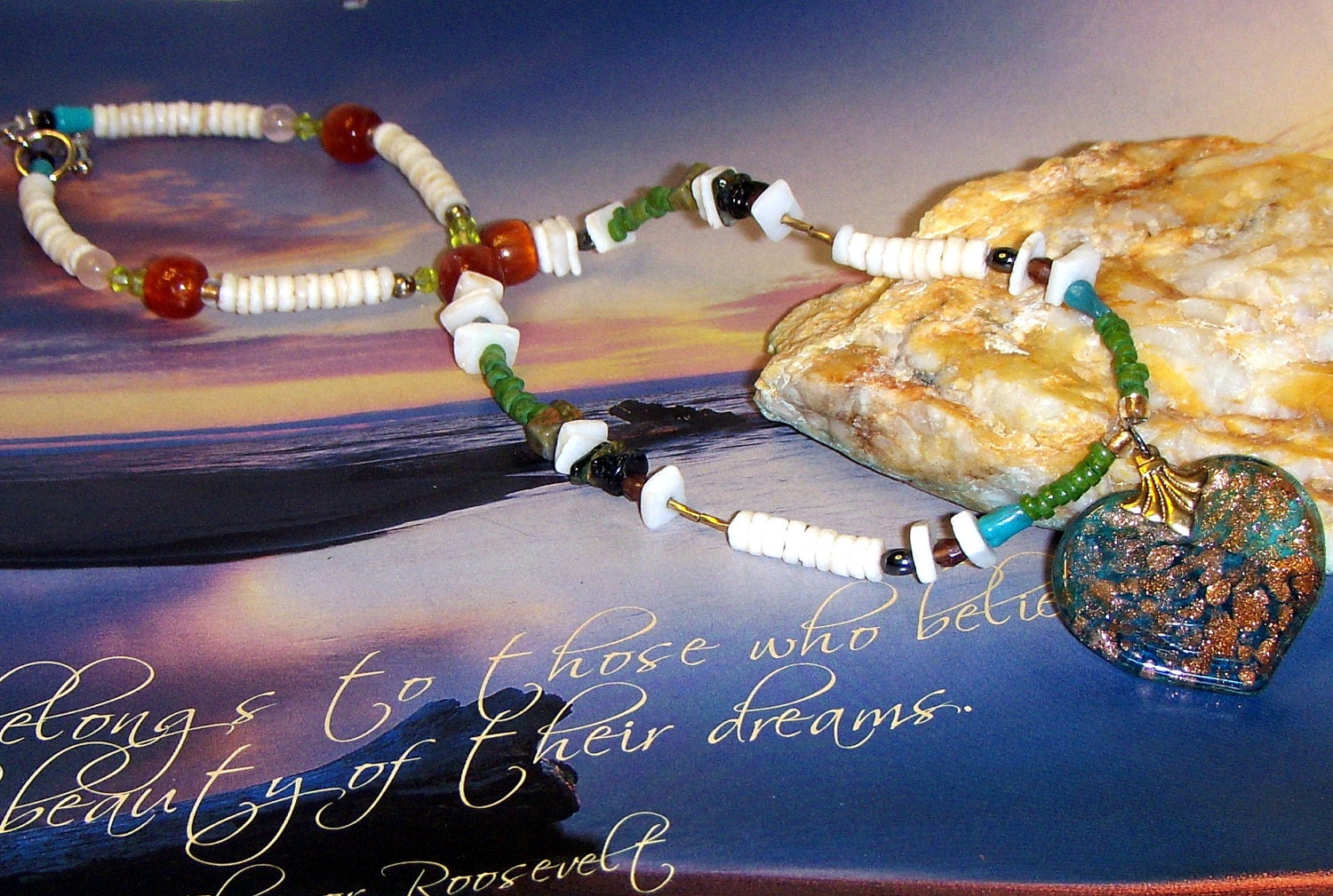 Etsy summer Necklace-Tribal heart blue green Pendant necklace fun beach wear