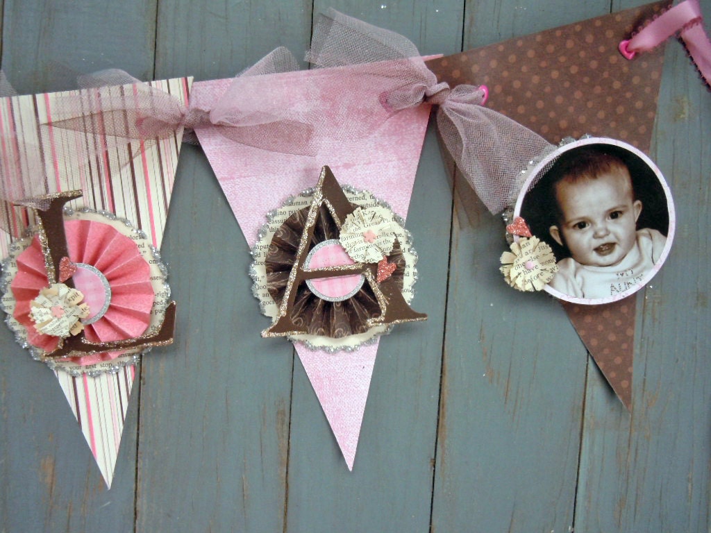 CUSTOM personalized banner by Lisa Rice handcrafted vintage chic cottage chic in your colors with up to 2 photos of your choice
