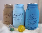 vintage handcrafted COTTAGE shabby JARS vases memento keepers by Lisa Rice SET of 3 blues and taupe