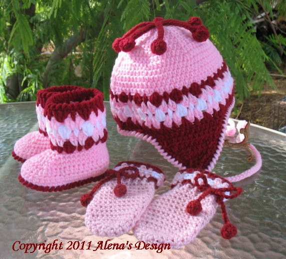 PDF Instant Download - Crochet PATTERN Set - Cherries Hat, Baby Booties, and Baby Thumb-less Mittens