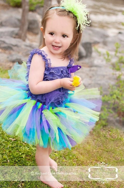 Purple Lime Turquoise Tutu - Newborn Infant Toddler Girl - Birthday Photo Prop Halloween - Matching Satin Flower Clip