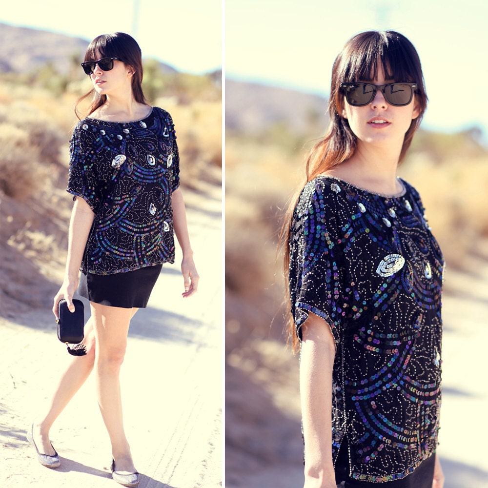Black Sequin Silver Silk Blue Beaded Irredescent Evening Top Blouse - Peacock II