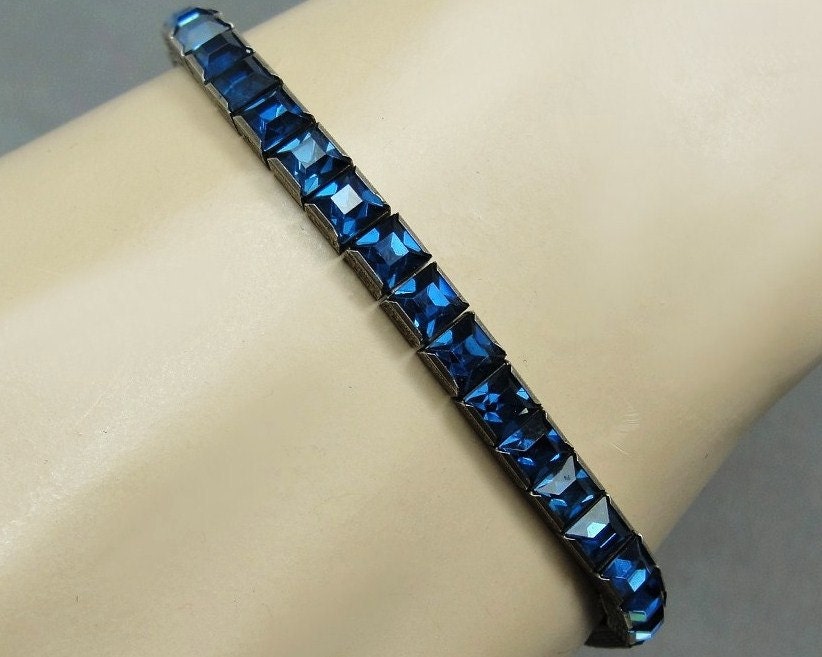 Art Deco Bracelet Sterling Silver Sapphire Blue Glass Crystals Wedding Jewelry