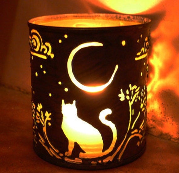 Items similar to Cat candle holder Recycled tin can freehand torch