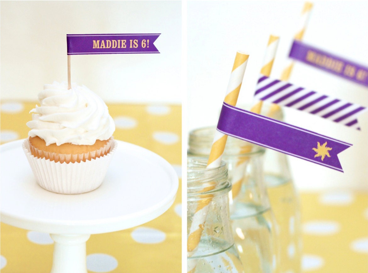 Rapunzel Sun Flags Cupcake Toppers Printable PDF Customized with Birthday Girls Name