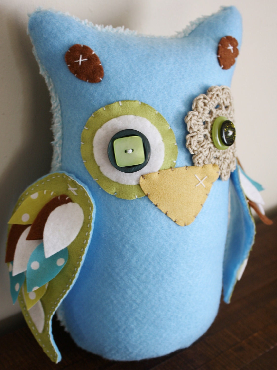 BOObeloobie Large Orli the Owl in Blue, Green, Chocolate Brown, Cream and white with feather detail on wing Woodland theme