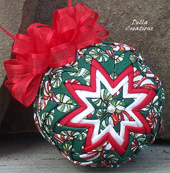 Quilted Ornament - 2.5 Inch - Peppermint Candy Fabric w/Satin-Edged Red Bow