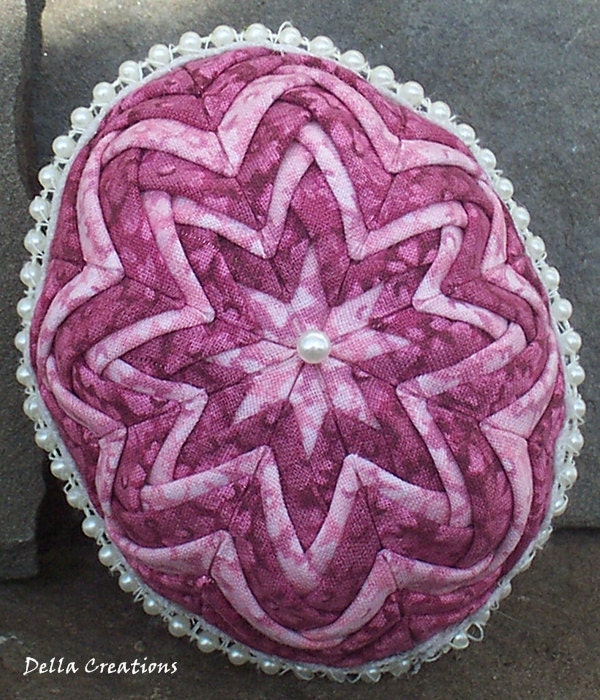3.5-inch Quilted Easter Egg - Deep and Pastel Pink Floral with Beaded Lace Trim
