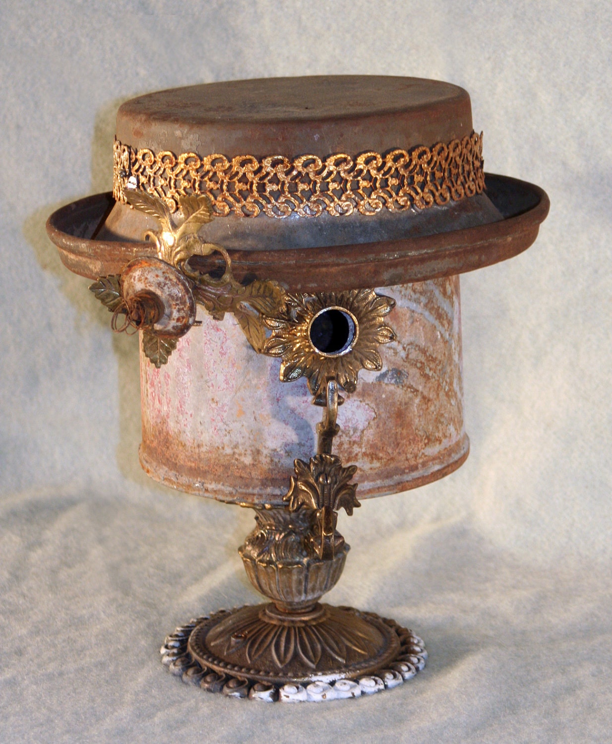 Birdhouse, Reclaimed Items, Found Objects, Handcrafted, Garden Art, Metal Birdhouse "Liza"