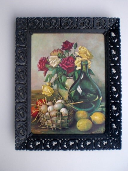 Vintage 60s 70s Still Life Picture Flowers Fruit Roses Fruit Kitsch Framed Picture