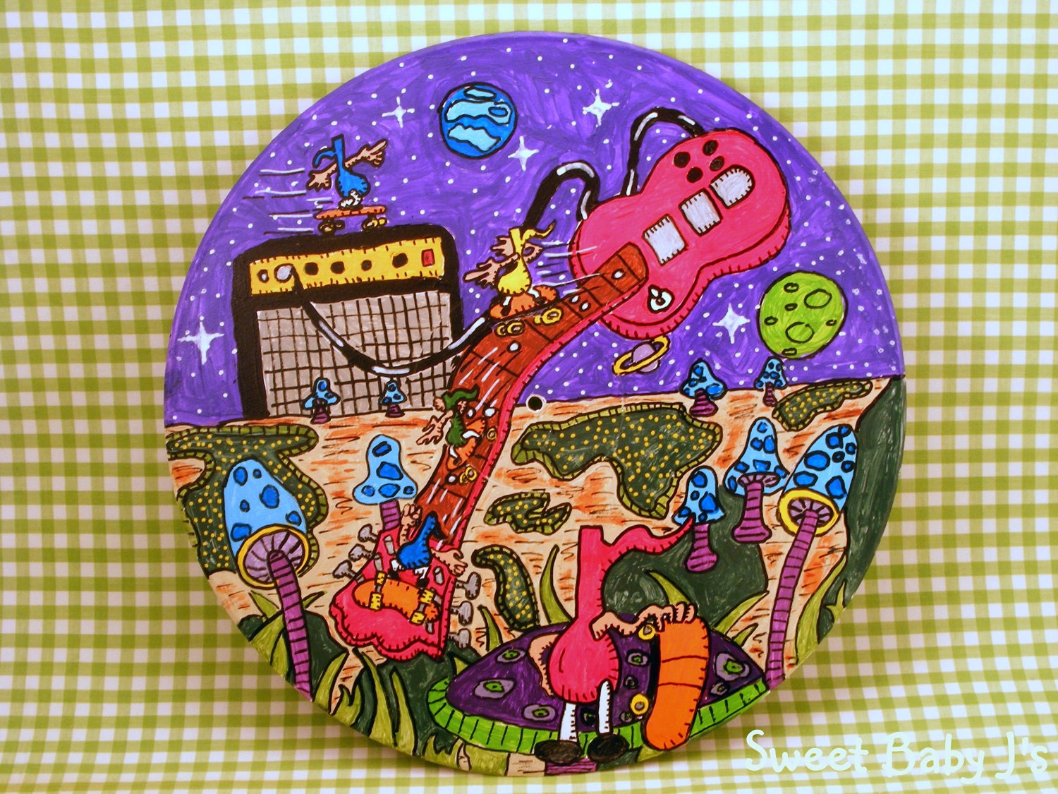Space Age Guitar & Amp with Skateboarding Music Notes Hand Painted on Vintage Vinyl Record Cute Nursery Art