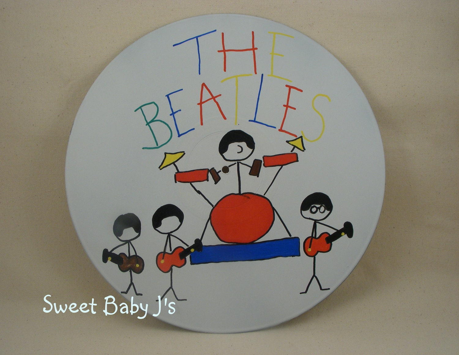 Whimsical Beatle Image Hand Painted Vintage Vinyl Record Art