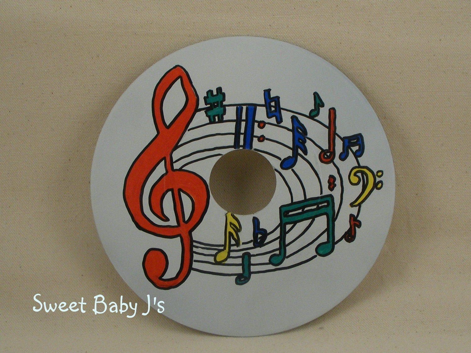 Vintage Vinyl 45 Record Hand Painted Music Note Theme Great Nursery Art