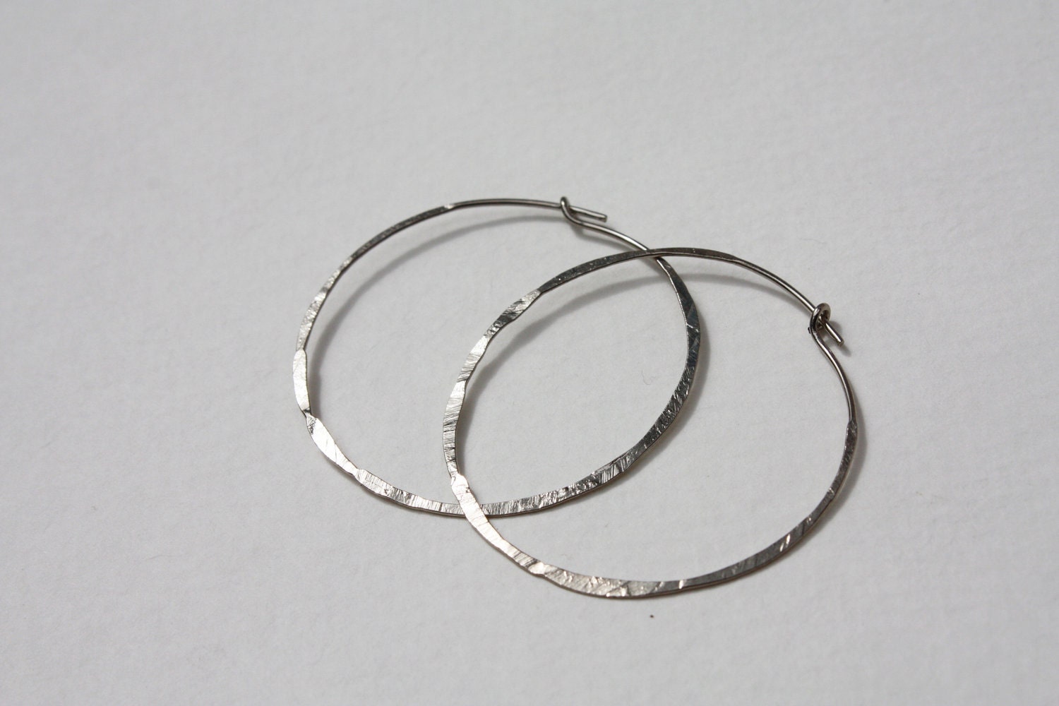 Vintage rhodium plated hammered hoop earrings,  handmade silver hoop earrings 1 5/8" FREE SHIPPING