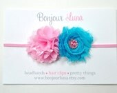 Baby Headband  - Pink - Turquoise - Infant Headband - Baby Photo Prop - Rhinestone - Chiffon Flowers - Easter Headband - Shabby Flowers