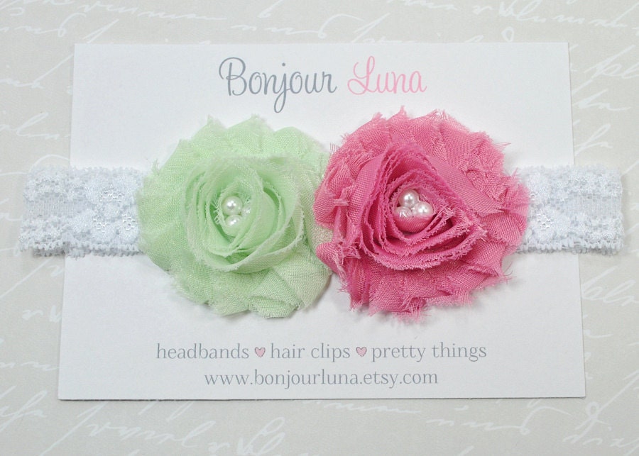 Shabby Flower Baby Headband - Mint Green - Mauve - Rose Pink  - Infant Headband - Easter Headband - Lace and Pearls