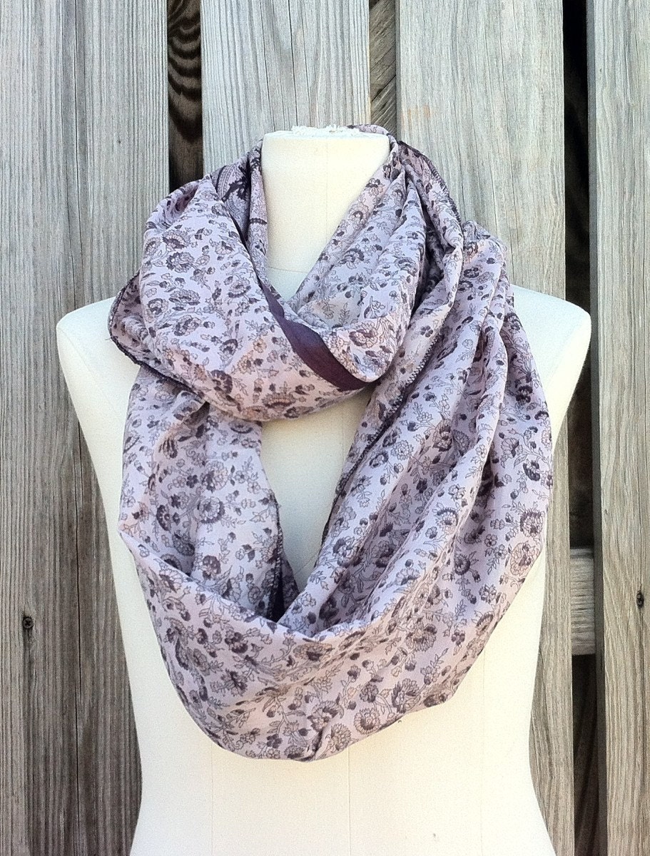 Infinity Scarf Beautiful Upcycled VINTAGE Silk Sari Circle Scarf in Sades of Lavender Purple Plum Flowers