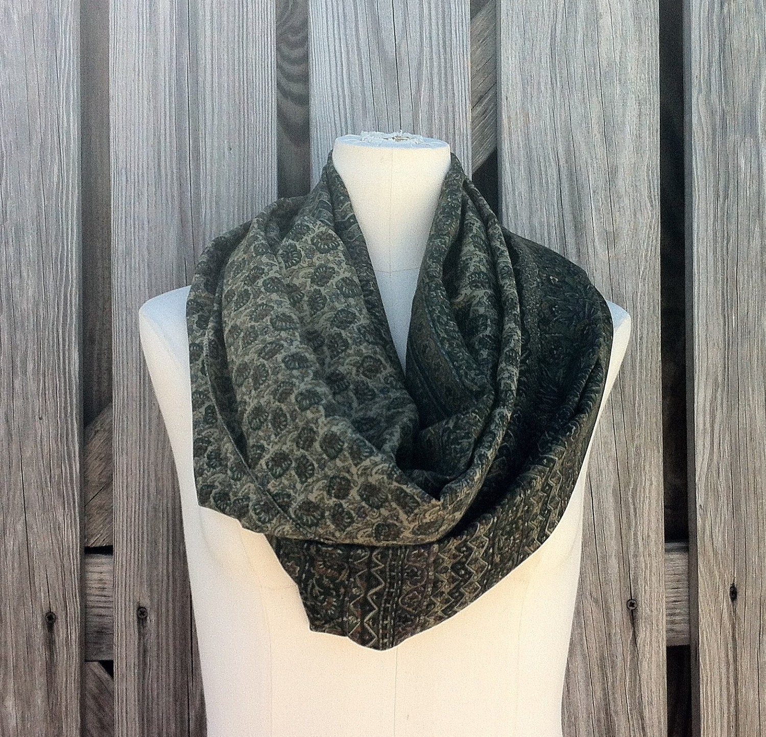 Infinity Scarf Beautiful Upcycled VINTAGE Silk Sari Circle Scarf in Earthy Shades of Khaki Olive Pine Green